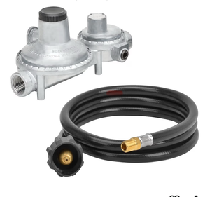 lot 13751 image: only fire Horizontal Two Stage Propane Regulator with 5 Ft 14 Male NPT Propane Hose for Cooker, RV, Camper, Gas Grills and Stoves, Propane Fireplaces and Heaters - Retail $28