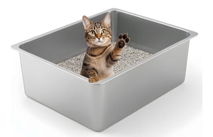 lot 13774 image: Kirecoo Stainless Steel Cat Litter Box - Metal High Sided Cat Pan, Large Stainless Steel Box, Indoor Litter Tray, Non Stick, No Smell, Easy to Clean, Pet Toilet Supplies for Kitten, Kitty, Rabbit - Retail $21