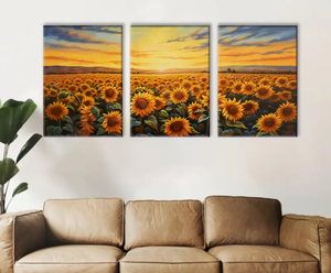 lot 13776 image: 3pcs Canvas Wall Art Print Poster, Sunflowers Wall Art, Sunset Wall Art Poster Suitable For Bedroom, Living Room, For Wall Art & Room Decor - Framed - Retail $35