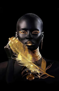lot 13808 image: Black Female People Canvas Poster Africa WomanGold frame Feather Wall Art Pictures for Living Room Bedroom Modern Home Decor, Framed - Retail $100