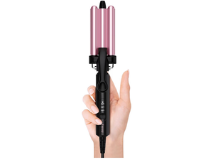 lot 13816 image: FARERY Mini Hair Crimper Hair Waver 3 Temperature Adjustable, 3 Barrel Curling Iron for Short Hair, Hair Crimper for Women Beach Waves, 12 Inch for Tight Curls, Travel Size, Dual Voltage, Pouch Bag - Retail $24