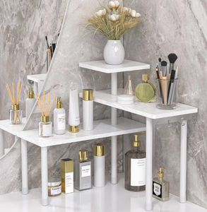 lot 13817 image: JayRex Bathroom Organizer Countertop Corner Shelf, 3 Tier Moveable Organizer for Make Up, Dresser Table, Desktop (White) MISSING SCREWS - Retail $29