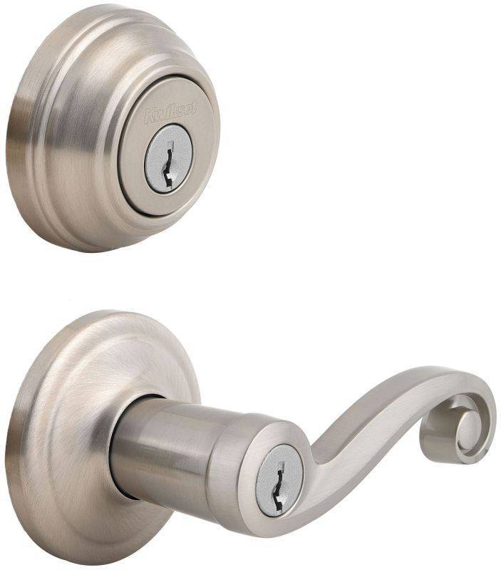 lot 7177 image: Kwikset 991LL 15 SMT CP Lido Satin Nickel Entry Lever and Single Cylinder Deadbolt Combo Pack Featuring SmartKey