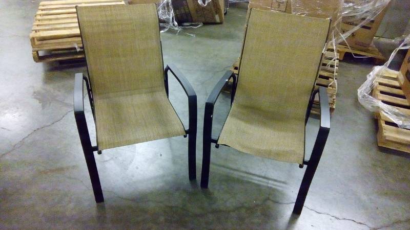 garden treasures pelham bay stackable steel dining chair with tan sling seat