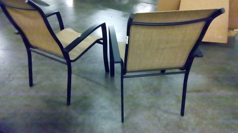 garden treasures pelham bay stackable steel dining chair with tan sling seat