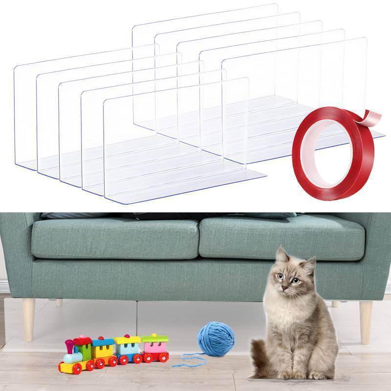 lot 1027 image: Under Bed Blocker for Pets 10 inch �� Clear Under Couch Blocker, Gap Bumper for Under Furniture Stop Dogs and Cats, Safety with Strong Adhesive (10 Pack 10 inch H x 15.7 inch L) Retail $37.48