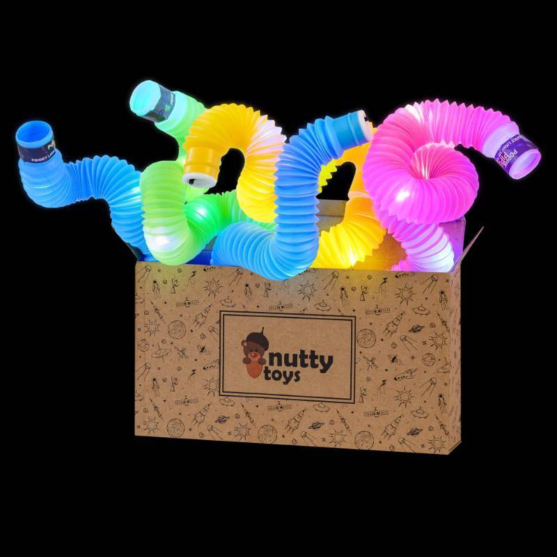 lot 1021 image: Quantity of 2  3 Packs (6 total) Toy Planet Light Up Pop Tubes, Sensory Toys, Glow Sticks, Kids & Toddler Camping Essentials, Top ADHD & Autism Fidget 2025, Best Preschool Gifts Idea & Party Favor, Unique Boy & Girl Halloween Treats - Retail $20