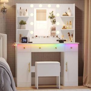 lot 1241 image: Makeup Vanity Desk with MirrorRBG LED LightsChair3 DrawersPower Outlet- 15.74D x 43.3W x 57.4H    - Retail $200