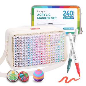 lot 1004 image: languo 240 Colors Acrylic Paint Markers, Soft Brush Tip Marker Pens Set with Marker Bag, Acrylic Paint Pens for Fabric, Wood, Stone, Canvas, Glass, Egg, Rock Painting, DIY Crafts and Art Supplies - Retail $123