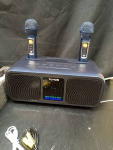 lot 1013 image: Karaoke Machine for Adults and Kids with 2 UHF Wireless Microphones,Portable Bluetooth Singing Speakers PA System with Disco Lights Phone Holder for Home Party, Picnic,OutdoorBirthday Gifts - Retail $79