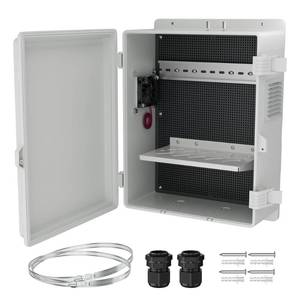 lot 1020 image: Joinfworld White Outdoor Electrical Box Waterproof Nema Enclosure 16x11x6 Plastic WiFi Box with Fan Vented Dust Screen - Retail $50