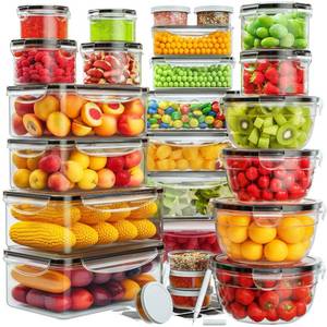 lot 1037 image: 52 PCS Food Storage Containers with Lids Airtight (26 Lids & 26 Containers)- Reusable Plastic Leakproof Meal-Prep Container for Kitchen Storage Organization MicrowaveDishwasher Safe with Labels & Pen - Retail $24