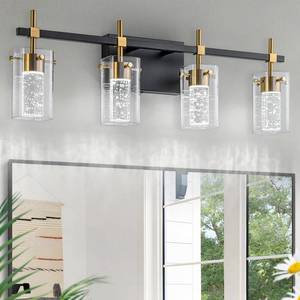 lot 1049 image: Liilokte 4-Light Black and Gold Vanity Light with 3 Color Modes (3000K4000K6000K),Dimmable Modern Wall Light Over Mirror, LED Bathroom Light Fixturewith Clear Glass Shade - Retail $120