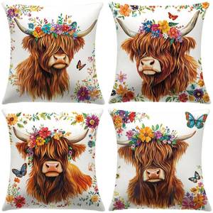 lot 1068 image: YCHZ Butterfly and Highland Cow Throw Pillow Covers 18x18 Set of 4, Floral Pillow Covers for Couch, Decorative Throw Pillows for Sofa Couch Living Room Bedroom, Fall Farmhouse Accent Home D�cor - Retail $17