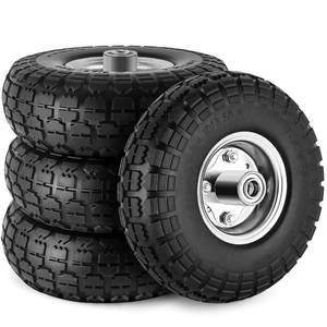 lot 1082 image: 4 Pcs 4.103.50-4 Tire and Wheel Flat Free, 10 Inch Solid Rubber Tires with 58 Axle Bore Hole, 2.2 Offset Hub for Hand Truck, Wheelbarrow, Gorilla Cart, Garden Wagon Cart, Dolly, Utility Cart - Retail $59