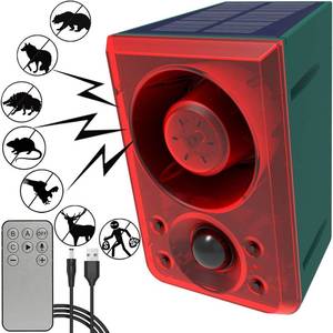 lot 1093 image: Set of 2 Solar Outdoor Motion Sensor Alarm - Dog Barking & Gunshot Sound 130db Motion Detector Alarm Light,with Remote Controller for Home, Villa,Yard,Chicken coop,Farm,Barn - Retail $52