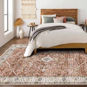 lot 1101 image: Deerly Large 5x8 Rugs for Dining Room Machine Washable Rugs Boho 5x8 Rug for Living Room Carpet Non-Slip Family & Pet Friendly Area Rugs Print Floor Rug(Border Brick Red 5x8ft) - Retail $68