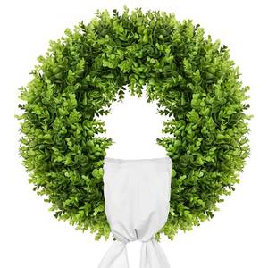 lot 1121 image: Vlorart 20-Inch Boxwood Wreath, Artificial Boxwood Wreath Front Door Wreaths Artificial Spring Summer Greenery Hanging with A Plaid Bowand Sash for Front Door Wall Hanging - Retail $34