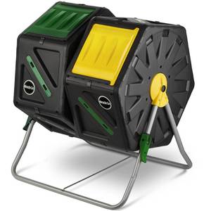 lot 1123 image: Miracle-Gro Dual Chamber Compost Tumbler �� Easy-Turn, Heavy-Duty Outdoor Bin Composter with 2 Sliding Doors (2x18.5 Gal70L - Retail $100