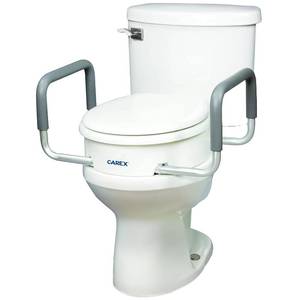 lot 1125 image: Compass Raised Toilet Seat with Arms, Elongated Toilets, 3.5 Inch High, Elevated Toilet Riser with Removable Padded Handles, Easy On and Off, Support 250 lbs, White - Retail $59