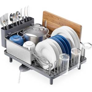 lot 1126 image: Urackify Stainless Steel Dish Drying Rack - Large Capcity 304 Grade Dish Drainer for Kitchen Counter with Drain Board, Utensil Holder & Detachable Cup Shelf, Rustproof Multifunctional Organizer - Retail $44