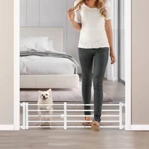 lot 1129 image: Malier Dog Gate with a Small Door, Extra Wide All Metal Short Dog Gate Pet Gate for Stairs, 10 Tall Pressure Mount Easy Step Over Puppy Gate Low Gate for Doorways - Retail $36