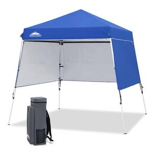 lot 1133 image: EAGLE PEAK Day Tripper 8x8 Aluminum Super-Lightweight Slant Leg Pop Up Canopy with 3 Removable Walls, Instant Outdoor Backpack Canopy Tent, Outside Beach Folding Sun Shelter, 8x8 Base 6x6 Top, Blue - Retail $110