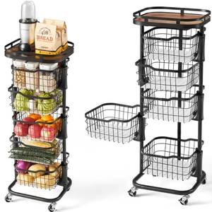 lot 1140 image: Ocyfym 5 Tier Kitchen Fruit Vegetable Storage Cart with One-Piece Rotating Basket, Pantry Organizer Shelf Rack Floor Stand for Veggie Onion Potato Produce Spice, Rolling Snack Cart on Wheels, Black - Retail $80
