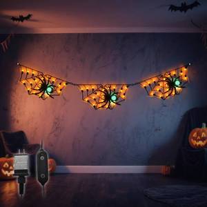 lot 1161 image: Halloween Decorations Spider Web Lights - 52.8 Inch4.4 ft Connected Cobweb with Scary Spiders, 54 Orange & 3 Green LEDs, Timer Function, Lighted Spider Nets for Indoor Ourdoor Yard Patio - Retail $30