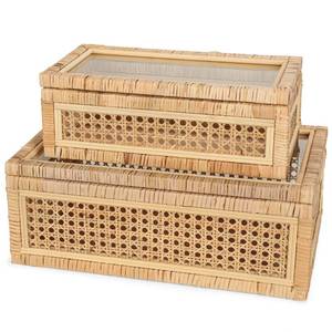 lot 1169 image: Large Handwoven Boho Rattan Display Boxes with Glass Lids - Set of 2 Rectangular Decorative Storage Bins - Natural Woven Cane Home Decor Organizers (15.55 x 9.64 x 5.9 & 12.48 x 6.88 x 4.52) - Retail $60