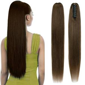 lot 1199 image: FUOTONBUTY Claw Clip Ponytail Extension 100% Real Remy Human Hairpiece Pony Tails Hair Extensions Long Straight Ponytail for Women (16 inch, Medium Brown) - Retail $70