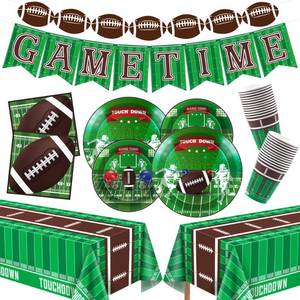 lot 1223 image: OHOME Football Party Decorations - Superbowl Party Decorations 2026 - Serve 24 - Football Plates Tablecloth Napkins Cups Banner  SuperBowl Party Supplies Favors,Football Accessories Birthday Decor - Retail $25