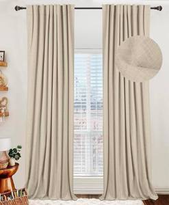 lot 1230 image: 100% Blackout Shield Linen Blackout Curtains for Bedroom 96 Inches Long, Back TabRod Pocket Living Room Drapes, Thermal Insulated Blackout Curtains 2 Panels Set, 50 W x 96 L, Natural - Retail $24