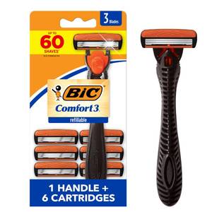 lot 1262 image: BIC Comfort 3 Refillable Three-Blade Disposable Razor for Men, Sensitive Skin Razor For a Comfortable Shave, 1 Handle and 6 Cartridges, 7 Piece Razor Set - Retail $7