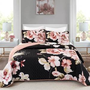 lot 1263 image: Dobuyly Black Floral Quilt Set Queen Size, 3 Pieces Pink Botanical Flower Printed on Black Quilt Bedding Set Soft Microfiber Lightweight Bedspread Coverlet Set for All Season 96x90 - Retail $95