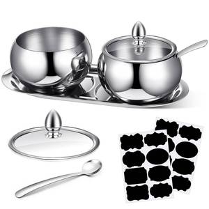 lot 1294 image: Baderke 2 Pcs 16 oz Stainless Steel Sugar Container with Lid Spoon and Tray Sugar Container Salt Bowl Holder Dispenser with Tag Condiment Pots for Countertop Serving Spice Pepper Kitchen - Retail $17