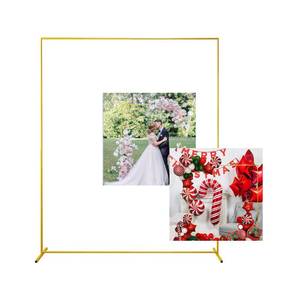 lot 1317 image: Gold Wedding Arch Backdrop Stand, 6.6FT5FT Square Balloon and Flower Metal Aluminum Frame for Ceremony, Anniversary, Party, Baby Shower Photo Booth Decoration. - Retail $36