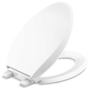 lot 9803 image: Kohler K-4636-Rl Cachet Elongated Closed-Front Toilet Seat - White (missing left cosmetic cap) - Retail $58