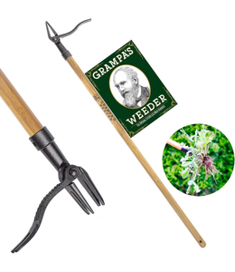 lot 9820 image: Grampas Weeder - The Original Stand Up Weed Puller Tool with Long Handle - Made with Real Bamboo & 4-Claw Steel Head Design - Easily Remove Weeds Without Bending, Pulling, or Kneeling. - Retail $0