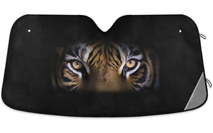 lot 9845 image: Qilmy Tiger Print Car Sunshade for Windshield Automotive Sun Visor Protector Foldable for SUV Truck Front Window (Black) - Retail $0