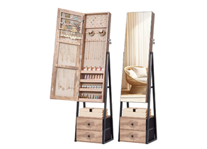 lot 9848 image: Nicetree Jewelry Cabinet Armoire with 2 Drawers,Standing Jewelry Mirror Cabinet, Full Length Mirror with Jewelry Storage, Lockable Jewelry Organizer with Mirror,Toasted Oak - Retail $0