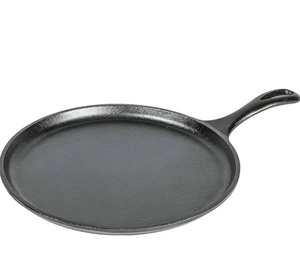 lot 9856 image: Lodge L9OG3 Cast Iron Round Griddle, Pre-Seasoned, 10.5-inch - Made in USA, Compatible with Stovetop, Oven, Grill & Campfire (used) - Retail $0