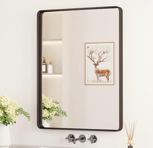 lot 9863 image: Black Bathroom Mirror for Over Sink, 24 x 32 Inch Matte Black Mirrors for Wall, Rounded Corner Rectangle Farmhouse Vanity Mirror, Tempered Glass Modern Decorative Mirror(HorizontalVertical) - Retail $0