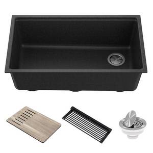 lot 9868 image: (Small damage on corner, has the piece to glue on)Kraus Bellucci Workstation 33 inch Undermount Granite Composite Single Bowl Kitchen Sink in Metallic Black with Accessories - Retail $756