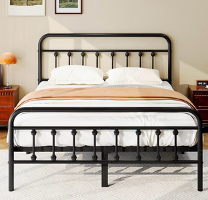 lot 9874 image: Full Size Metal Platform Bed Frame, Victorian Style, Steel Slat Support, Black - Retail $0