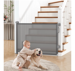 lot 9879 image: Retractable Baby Gate for Stairs, 55 Wide Mesh Dog Gate Indoor, 34 Tall Child Gate for Doorways, Hallways, Deck, Indoor Outdoor Pet Baby Safety Essentials for Home, Grey - Retail $0