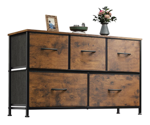 lot 9882 image: WLIVE Dresser for Bedroom with 5 Drawers, Wide Chest of Drawers, Fabric Dresser, Storage Organizer Unit with Fabric Bins for Closet, Living Room, Hallway, Rustic Brown Wood Grain Print - Retail $0