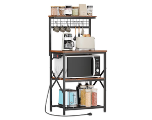 lot 9885 image: Furologee Kitchen Bakers Rack with Power Outlet, Microwave Oven Stand with Storage 4 Tiers, Coffee Bar Table with 6 S Hooks, Kitchen Storage Shelf Rack for Spices, Pots, Rustic Brown - Retail $0