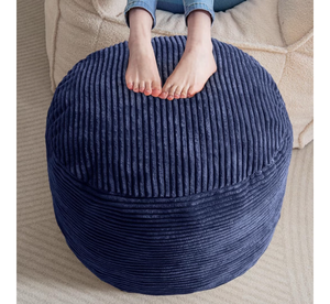 lot 9887 image: HIGOGOGO Round Stuffed Pouf Ottoman, Corduroy Poufs with Foam Chunk Filling, Furry and Fluffy Pouf Foot Stool Storage Ottoman, 20 X 15 Floor Poufs Foot Rest for Living Room, Navy - Retail $0
