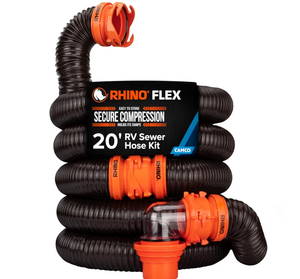 lot 9895 image: Camco RhinoFLEX 20-Ft RV Sewer Hose Kit - Features Clear Elbow Fitting wRemovable 4-in-1 Adapter - Connects to 3�� Slip or 3��3.5��4�� NPT Threaded Sewer Connection (39742) - Retail $0